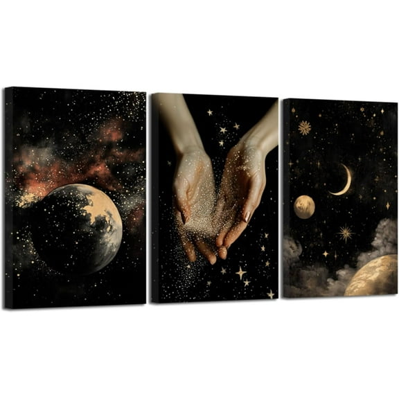 Hieng 3 Pieces Vintage Moon Wall Art Dark Gothic Celestial Pictures Moody Moon and Stars Canvas Wall Art Mystic Themed Paintings for Home Decor Unframed