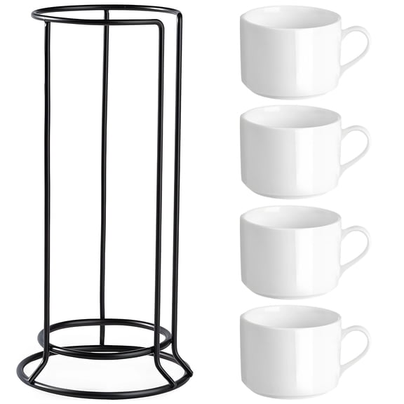 4 Pcs Stackable Ceramic Espresso Cup Set with Black Metal Stand – 10 Oz Coffee Mugs with Ergonomic Handles, Space-Saving Design, Dishwasher & Microwave Safe, Modern White Coffee Bar Decor