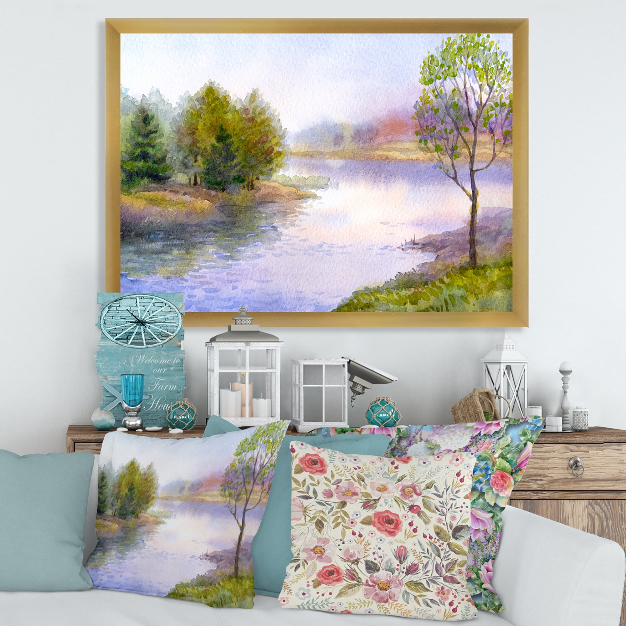 Designart 'Trees On The Bank Of River' Lake House Framed Art Print