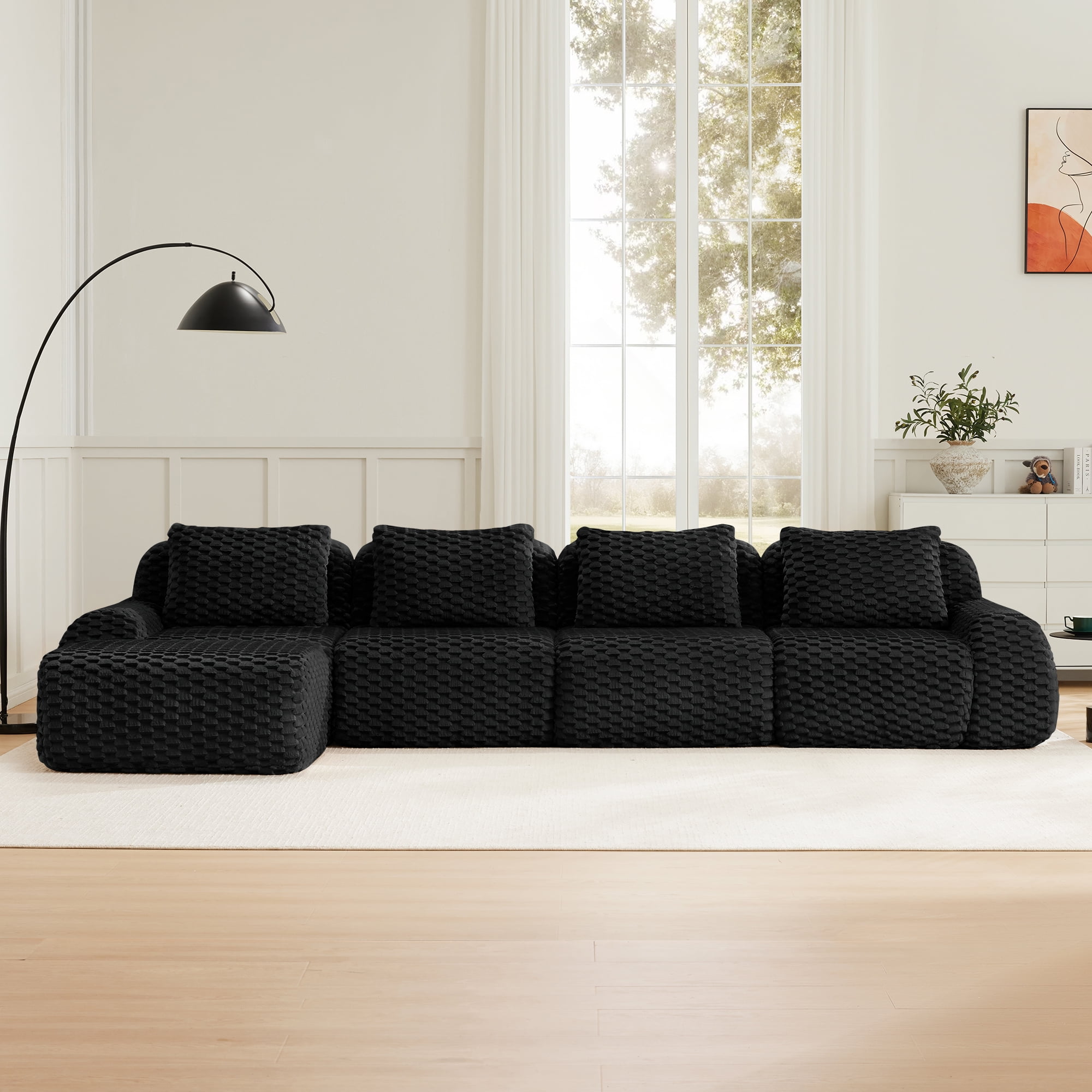 MAYEERTY 146" L-Shaped Modular Couch, Textured Flannelette, Movable Ottoman, Anti-Slip, No Assembly, Black