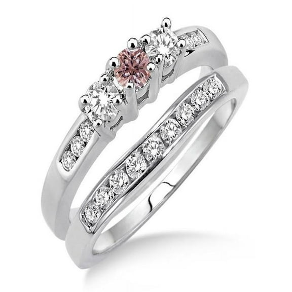 2 Carat Morganite & Diamond Elegant Three Stone Trilogy Round Cut Bridal set on 10k White Gold