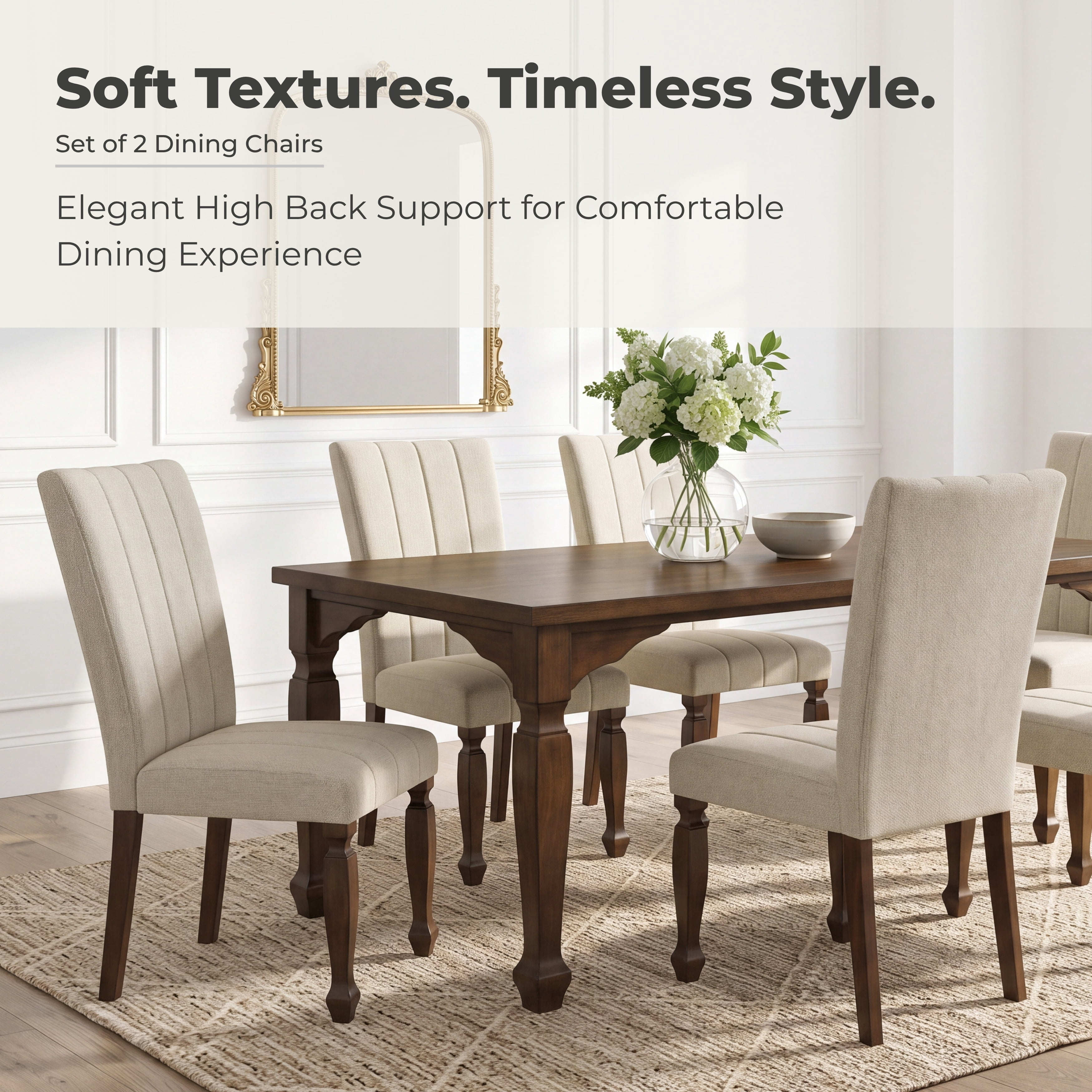 Roundhill Furniture Rowan Upholstered Turned Leg Wood Dining Chair, Set of 2, Beige