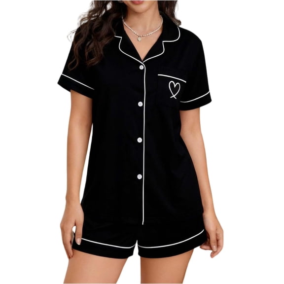 Qingpeng Women's Pajamas Set Heart Print Button Down Short Sleeve Shirt with Shorts Summer Soft Comfy Sleepwear PJs Set Size S-XXL