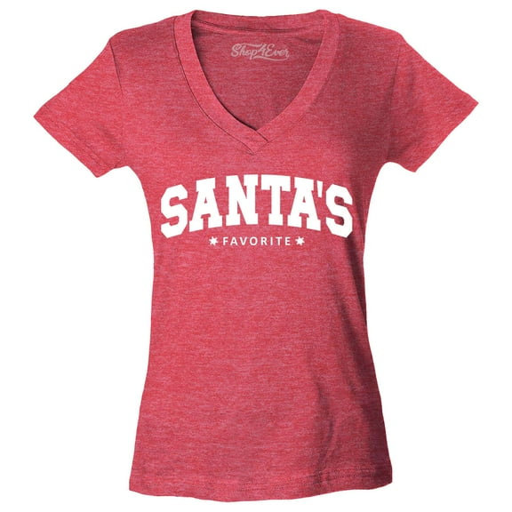 Shop4Ever Women's Santa's Favorite Varsity Style Christmas Slim Fit V-Neck T-Shirt XX-Large Heather Red