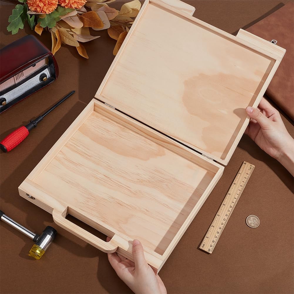 Wood Craft Suitcase 11.9x10.6x1.7 Inch Wooden Suitcase with Handle Rectangle Wood Storage Boxes with Handles Unfinished Wooden Boxes for Crafts Art Hobbies Journey and Souvenir Collection