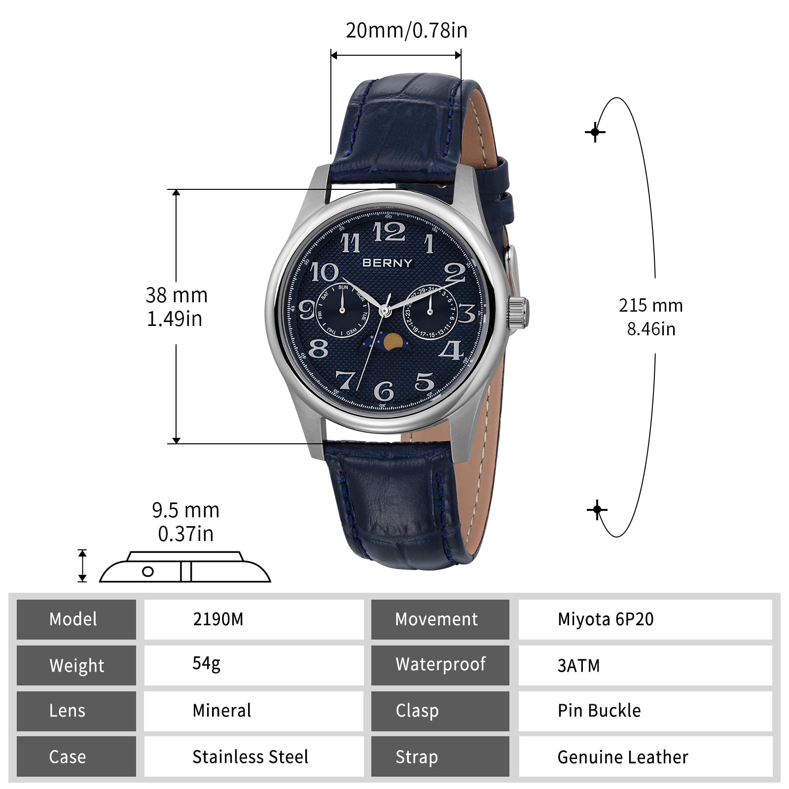 BERNY Dress Watches for Men, MultiFunction Leather Watch with Moon Phase, Day & Date Calendar, Stainless Steel Case, Easy to Read, Waterproof, Classic Analog Quartz Wrist Watch (Blue)