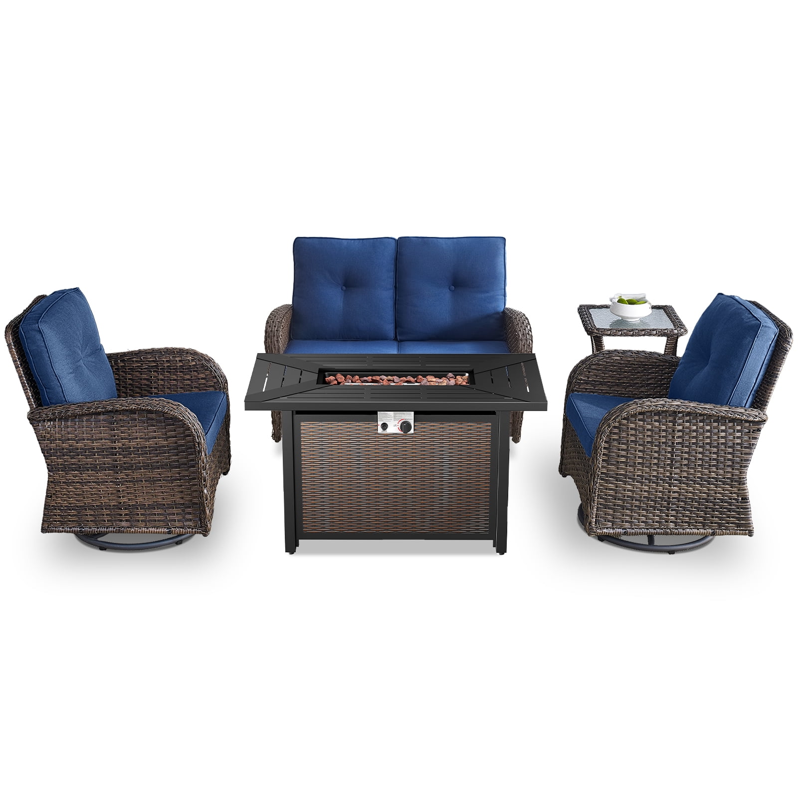 POCASSY 5 Pieces Fire Pit Table Set Patio Furniture with Glider Loveseat, All Weather Outdoor Conversation Set with Cushioned Patio Loveseat and Patio Swivel Chairs, Brown Wicker Blue Cushion