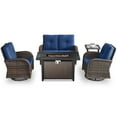 thumbnail image 3 of POCASSY 5 Pieces Fire Pit Table Set Patio Furniture with Glider Loveseat, All Weather Outdoor Conversation Set with Cushioned Patio Loveseat and Patio Swivel Chairs, Brown Wicker Blue Cushion, 3 of 16