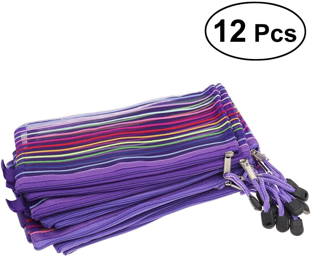 Black TOYMYTOY 12Pcs Mesh Pencil Case Holder Pouch Bag Rainbow Stripes Storage Bag with Zipper 