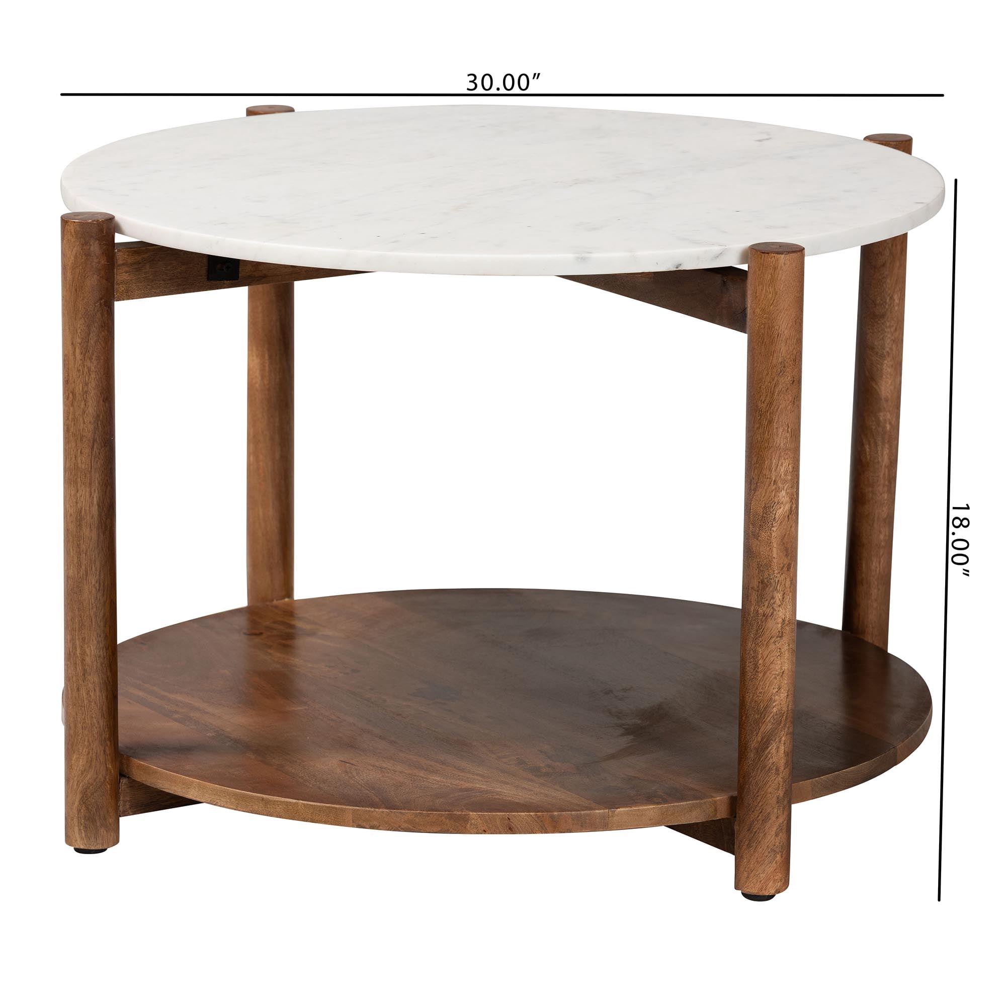 Baxton Studio Quindalyn Round Marble Coffee Table - Modern Accent Table with Mango Wood Frame and Open Shelf Storage for Living Room or Seating Areas