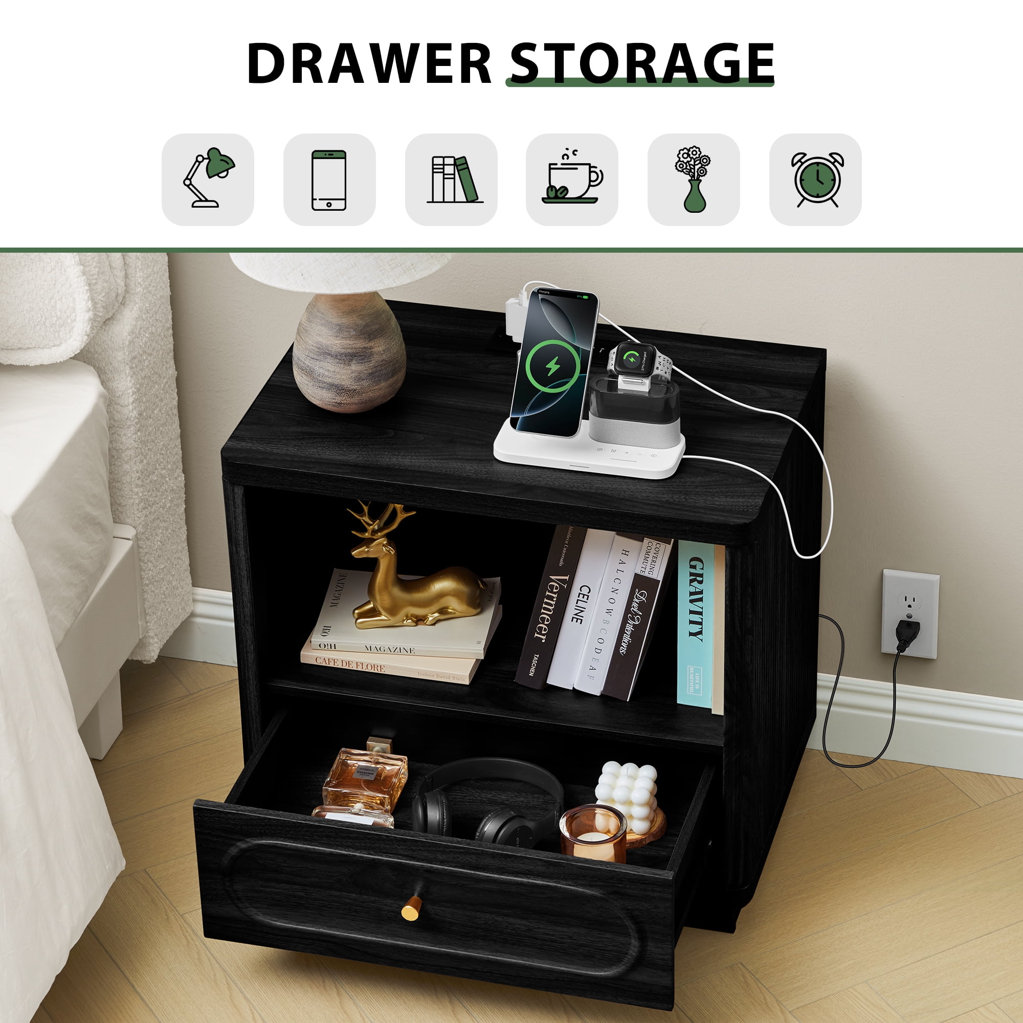 YOCWO Nightstand Set of 2 with Drawers and Charging Station for Bedroom, Mid Century Bedside Table with Open Shelf for Storage, Arched Drawer and Fluted Side, Black