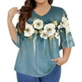 thumbnail image 2 of TQWQT Plus Size Tops for Women Loose Casual Going Out T Shirts Ruffle 3/4 Sleeve V Neck Pleated Shirt Ethnic Floral Print Blouses Summer Trendy Tunics Sky Blue 4XL, 2 of 5