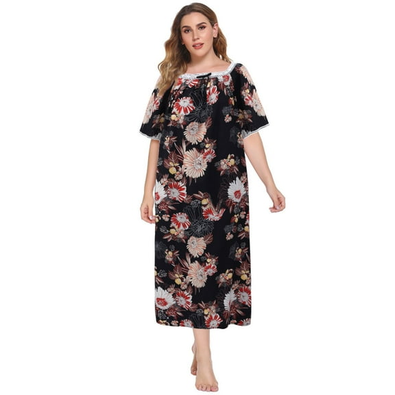 EFINNY Women's Plus Size Long Nightgowns Floral Print Short Sleeve Long T-Shirt Lounger House Dress Casual Loose Nightshirts, XL-5XL