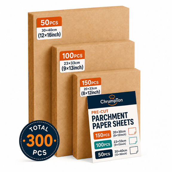 ChrumpTon 300 Pcs Parchment Paper Sheets, 3 Sizes 8x12, 9x13 & 12x16 Inches, Precut Non-Stick Unbleached Parchment Sheets for Baking, Cooking, Air Fryer, Bread, Cakes & Cookies