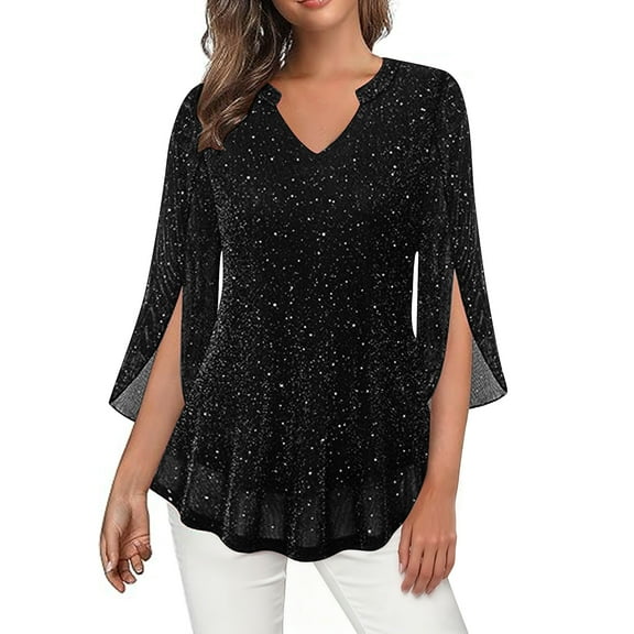 hotojiny Womens 3/4 Ruffle Sleeve Sparkly Tops Elegant Sequin V Neck Blouses Dressy Casual Mesh Fall Shirts Fashion Clothes