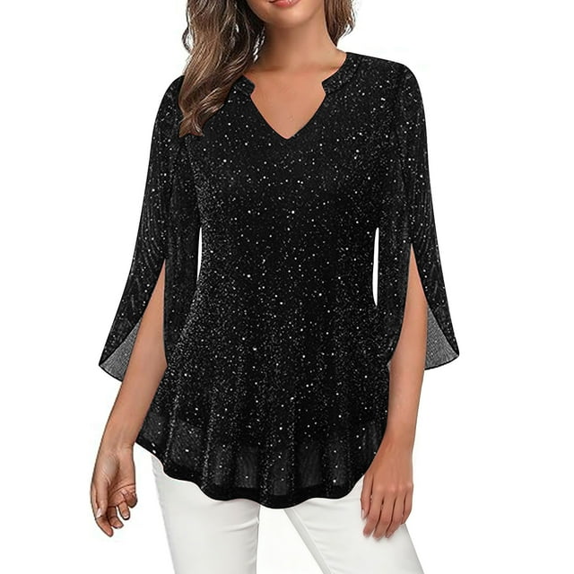 HongQid Womens 3/4 Ruffle Sleeve Sparkly Tops Sequin V Neck Blouses Dressy Casual Spring Summer Fall Shirts