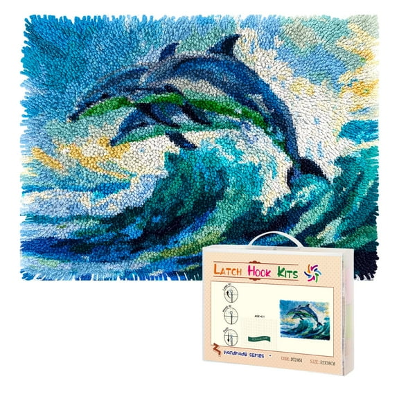 Latch Hook Rug Kit Dolphins Leaping Out of Ocean Pre-Printed Handmade Carpet Crochet Yarn Craft DIY Hook and Latch Door Mat Tapestry for Home Floor Decoration 52x38cm-1