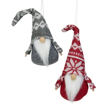 Northlight Gnomes with Nordic Hats Christmas Ornaments - 7" - Red and Gray - Set of 2