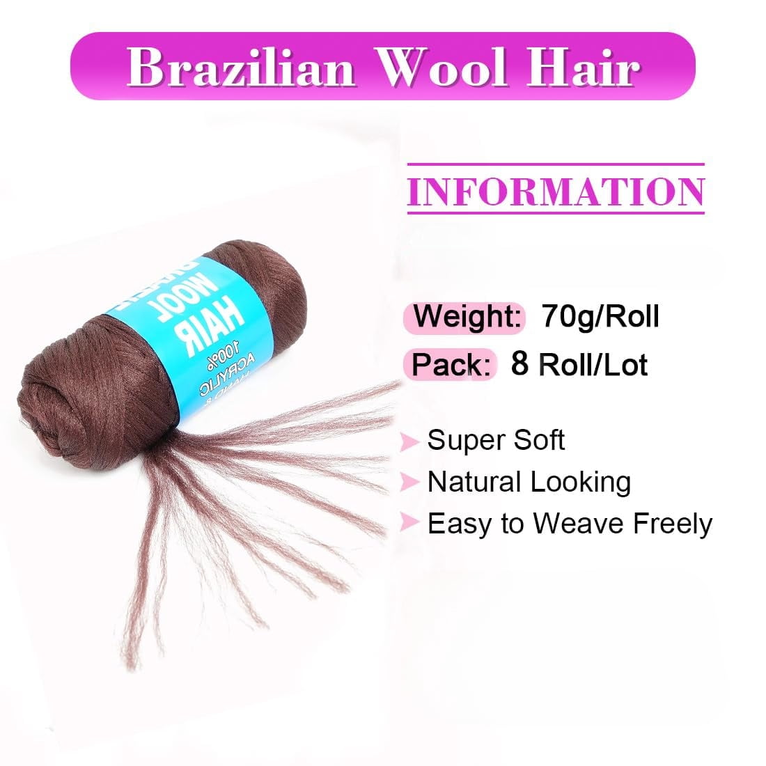 Kiibsot 1/4/8 Rolls 100% Brazilian Wool Hair Acrylic Yarn for African Braids/Senegalese Twist/Faux Locs/Wraps