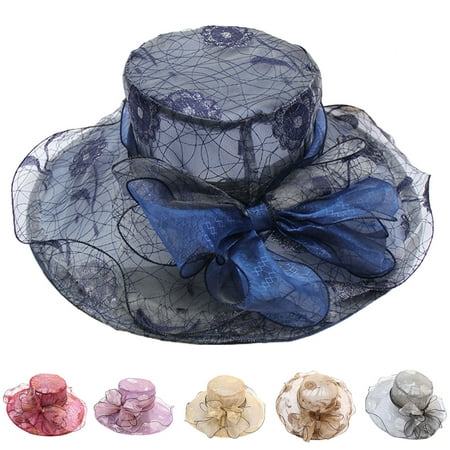 

Hats for Women - Church Cap Wide Brim Cloth Flower See-through Wavy Edge Luxurious Bow-knot Women Flat Wedding Beach Hat