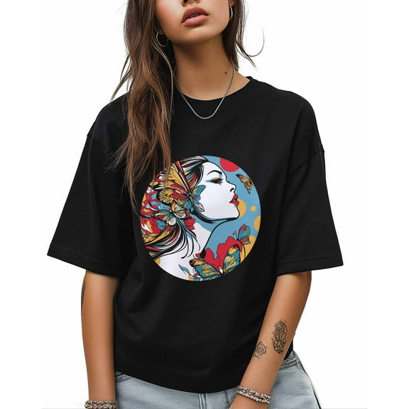T Shirts for Women Short Sleeve Cotton Crewneck T-Shirt, Abstract Woman Butterfly Circle Tee Tops Casual Basic T-Shirts, XS-5XL Black XS
