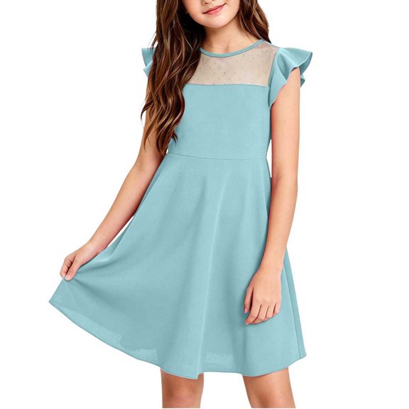 Zpanxa Girls Dresses, Kid's Mesh Casual Dress Solid Round Neck Sleeveless Dresses Light Blue 12 Years
