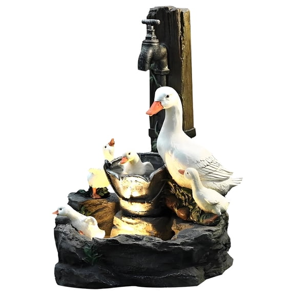 XIBUFE Solar Duck Family Garden Statue, Mama Duck with 4 Ducklings, Resin Outdoor & Indoor Statues with Solar Lights, Charming Garden Decor for Outside, Porch, Yard, Home