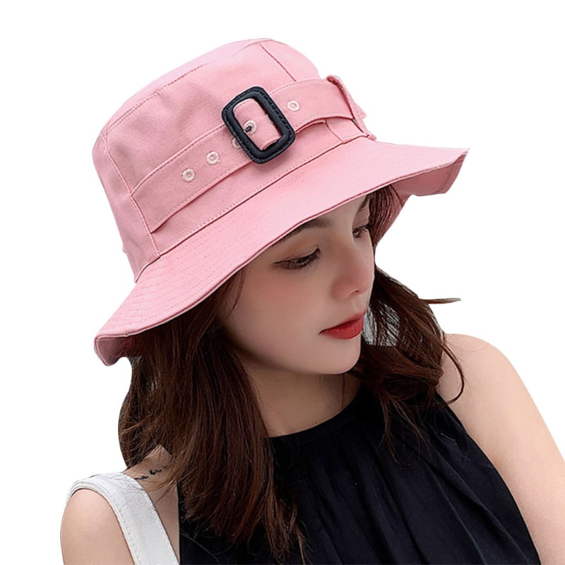 Women Summer Solid Bucket Hat UV Protection Fisherman Caps Outdoor Sun Hats with Rope Black