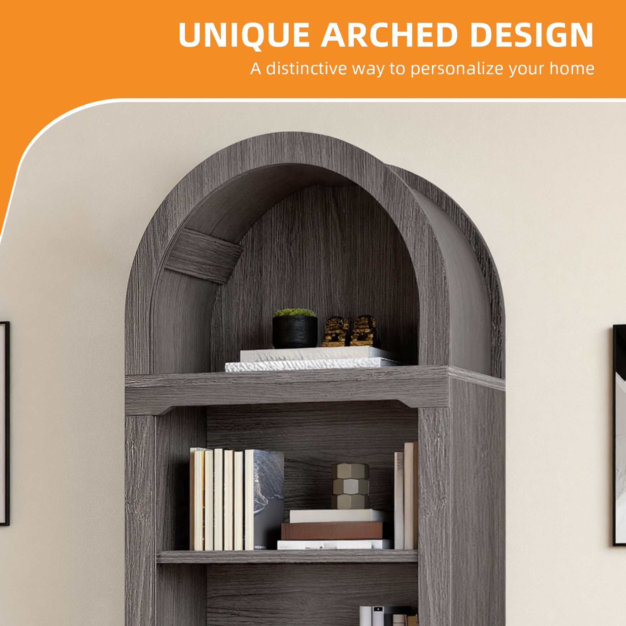 Craftian 5 Tiers Arched Bookshelf, 68.5" Tall Modern Bookcase Display Storage Rack Wooden Bookshelves, Gray