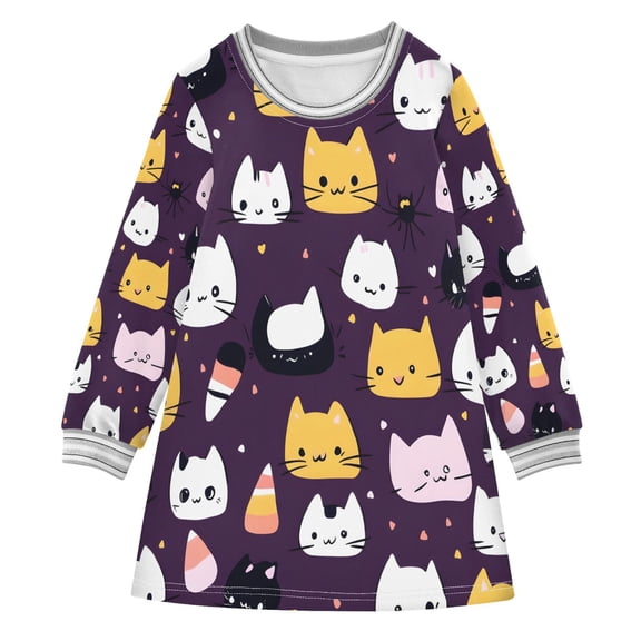 Cute Cats Girls'long-sleeved dress Thickened A-dress Warm Dress Basic Shirt Party Dresses