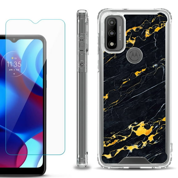 Shockproof Bumper Phone Case for Motorola Moto G Pure, with Tempered Glass Screen Protector, by OneToughShield ® - Marble / Lava