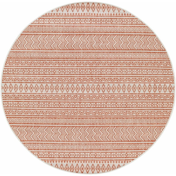 BoutiqueRugs Howie Moroccan Geometric Zig Zag Area Rug - Southwestern Trellis Carpet for Living Room, Patio, Terrace - Outdoor Safe - Peach, Orange, Cream - 6'7" Round