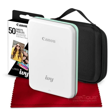 Canon Ivy Mini Mobile Photo Printer (Mint Green) with Canon 2 x 3 Zink Photo Paper (50 Sheets) and Hard Shell Case Deluxe