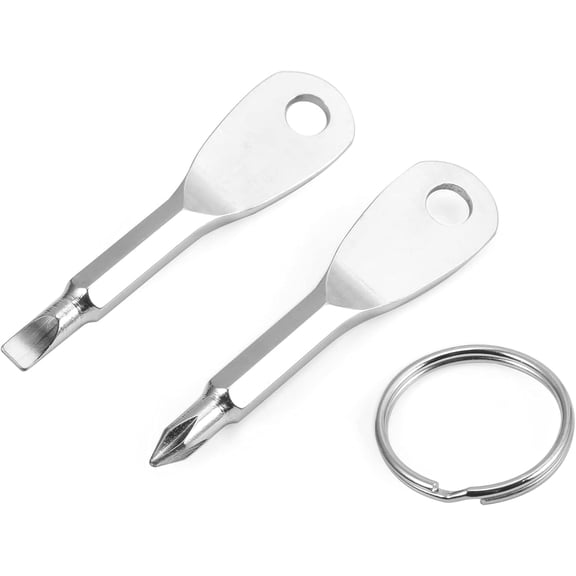 2Pcs Silver Screwdrivers Stainless Steel Flathead Cross Head with Key Ring Mini Screwdriver Multifunction Outdoor Tool Set Screwdrivers