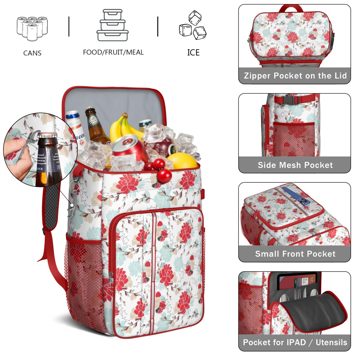 Travel Cooler Bag - Pioneer Flower Floral Print Pattern Camping Beer Cooler Backpack with Bottle Opener- Waterproof Insulated Picnic Backpacks - Cooler Bag for Beach
