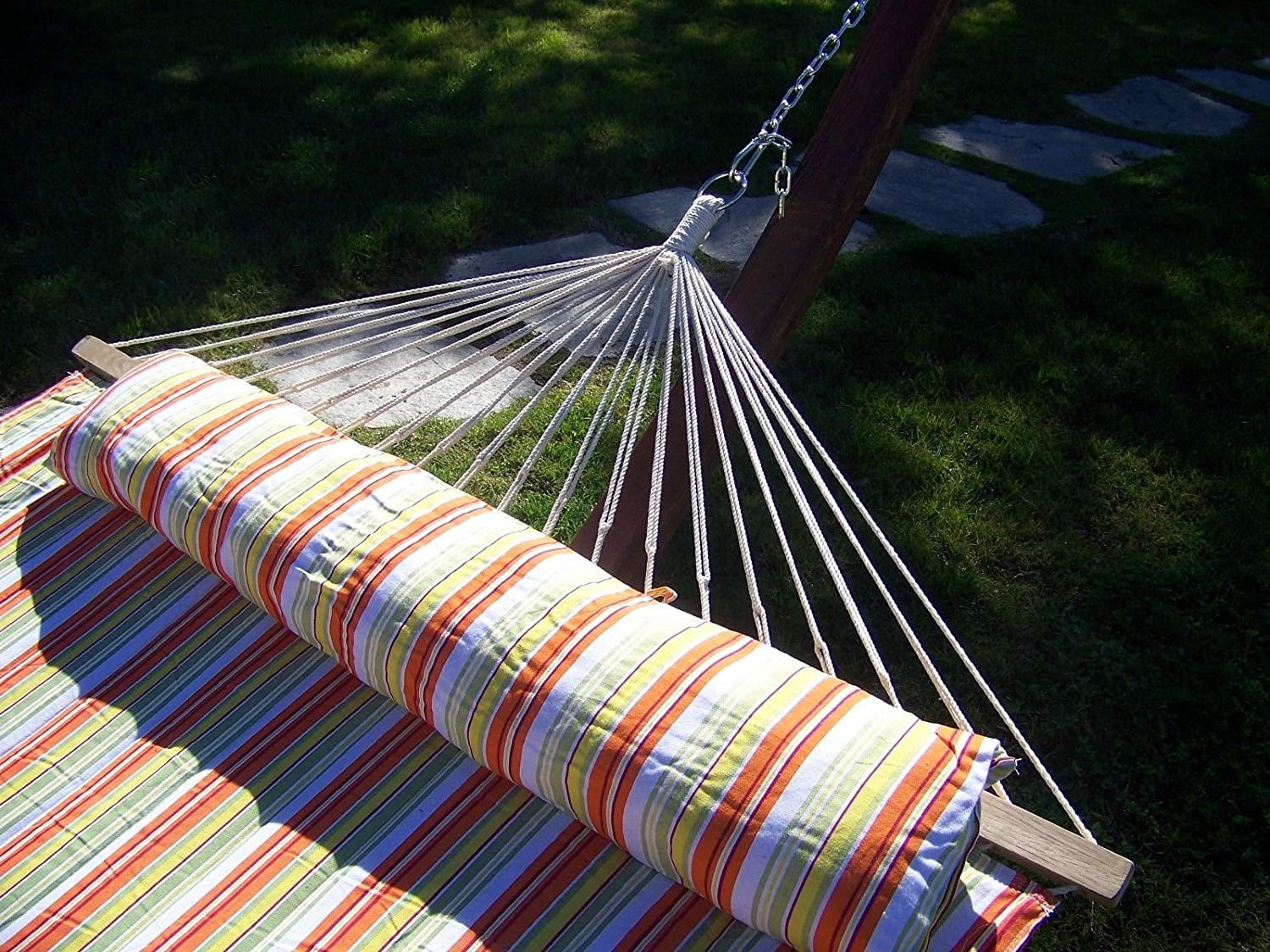 Petra Leisure 14 Ft. Coffee Stain Wooden Arc Hammock Stand + Deluxe Quilted Elegant Spring Stripe, Double Padded Hammock Bed w/Pillow. 2 Person Bed. 450 LB Capacity&nbsp;
