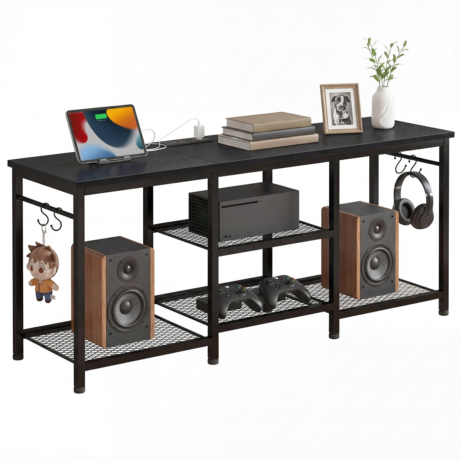 Tomnk TV Stand for 55 Inch TV, Entertainment Center with Power Outlet and Open Storage Shelves, Media Console Table for Living Room and Bedroom, Black