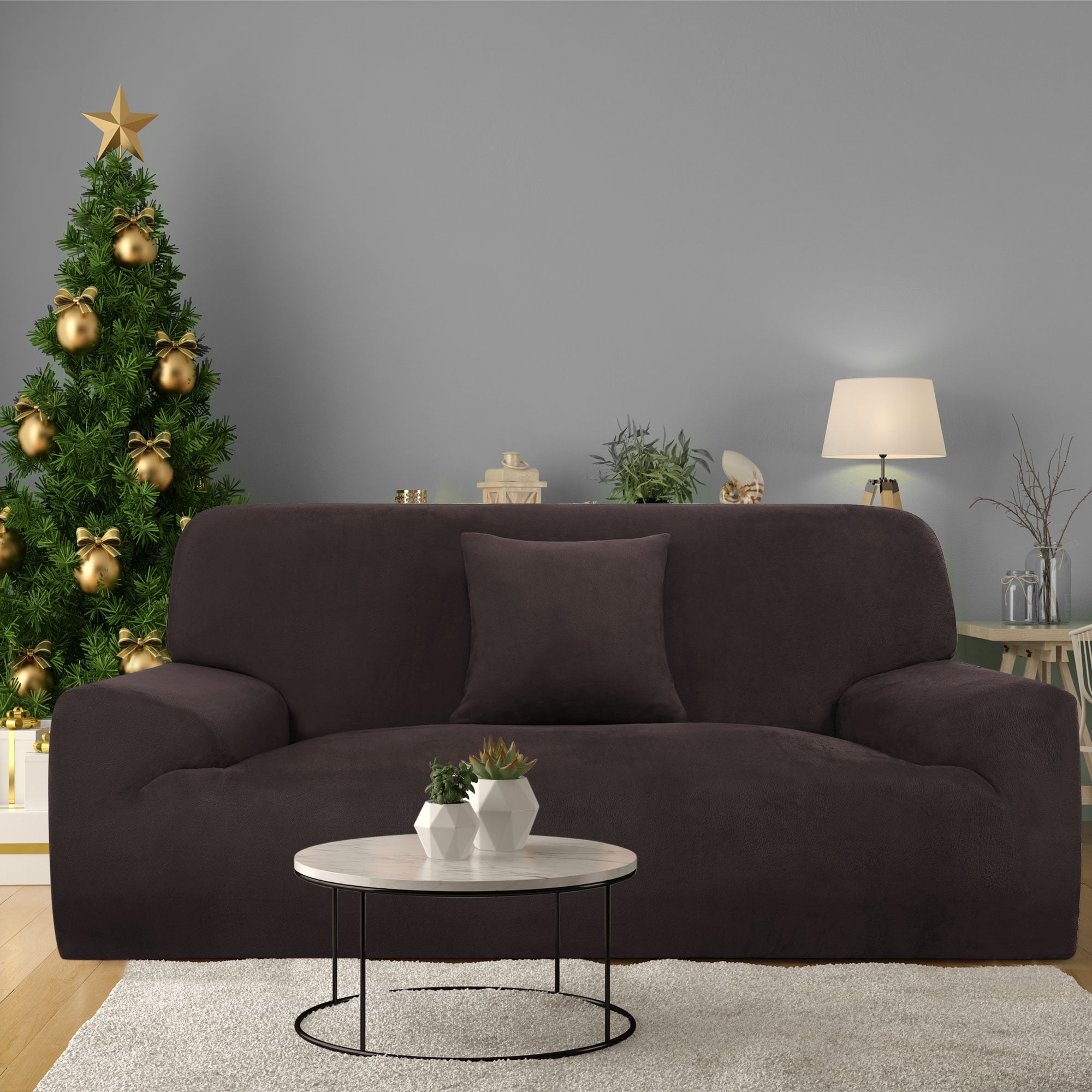 PiccoCasa Velvet Plush Stretch Sofa Slipcover with Cushion Cover, Coffee Color Medium
