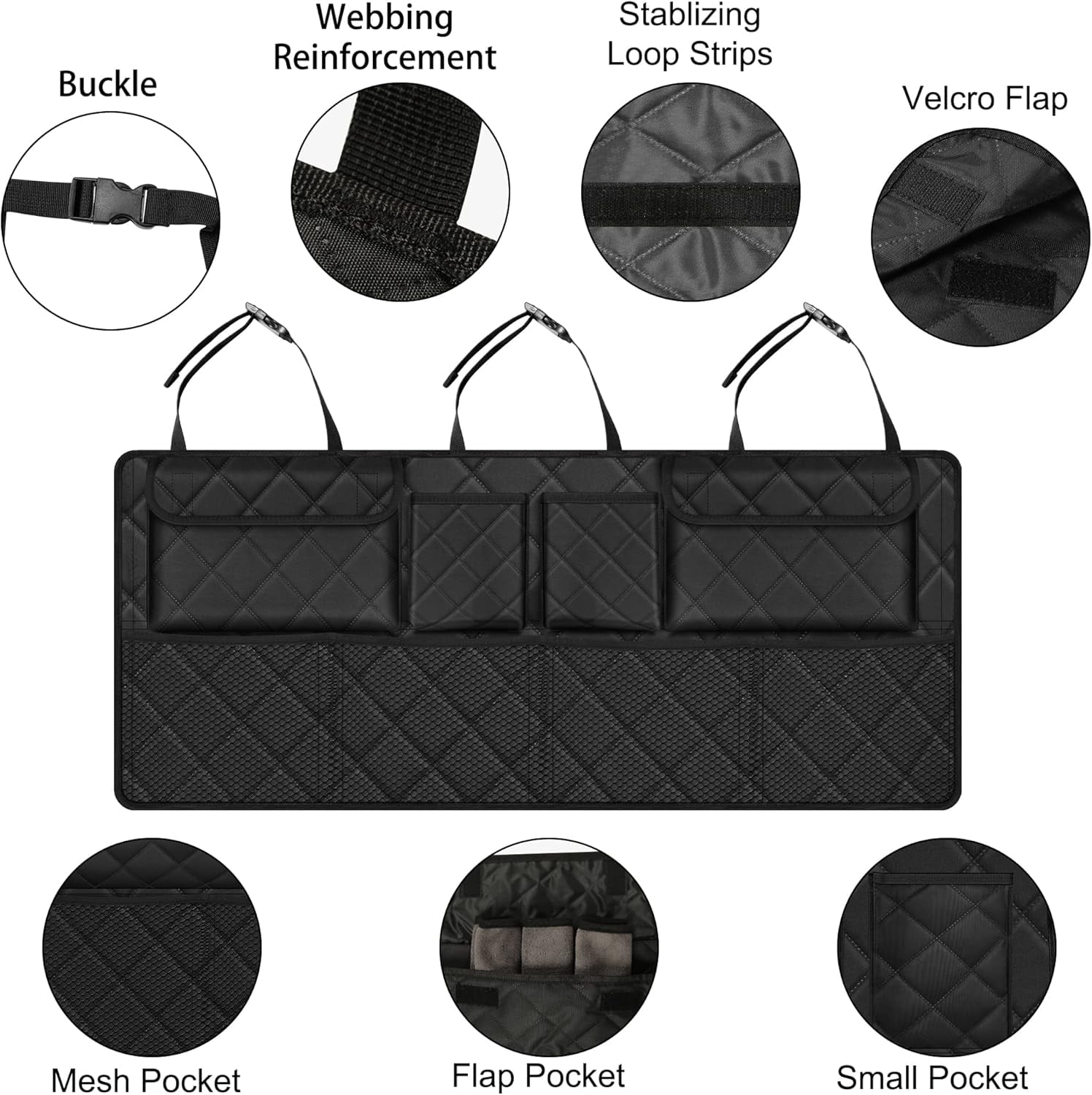 Car Trunk Organizer, Large Capacity Backseat Trunk Organizer (42"*18"), Collapsible Car Storage Bag with 8 Pockets, SUV/MPV/Truck - Black