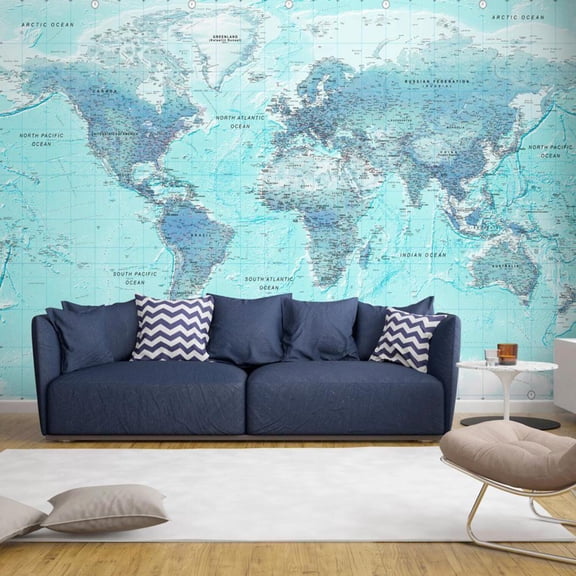 Tiptophomedecor Peel and Stick World Map Wallpaper Wall Mural - Sky Blue World Map - Removable Wall Decals