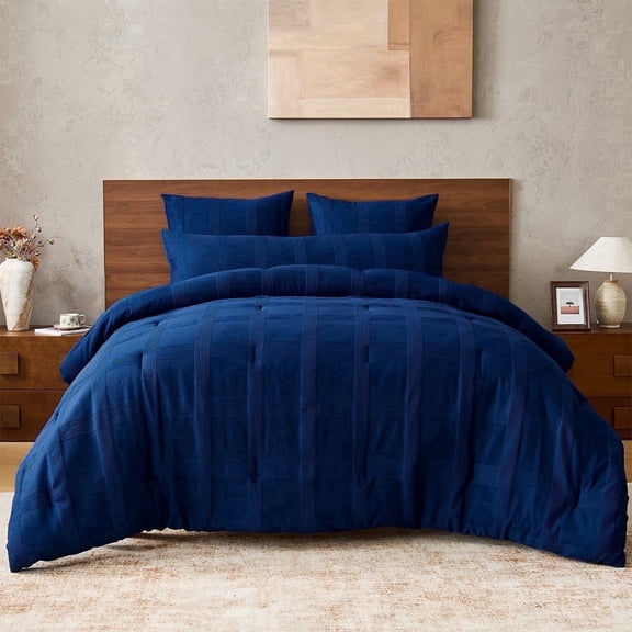 Regency Heights Full/Queen Size Comforter Set – Navy Blue Striped Woven Bedding, 4-Piece Bed set with Body Pillow Sham, Machine Washable for All Seasons