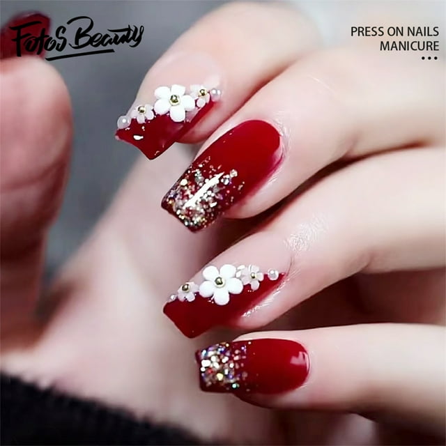 Christmas Decoration Fofosbeauty False Nails, Coffin Press on Nails Tips Design, Flower Blood Red