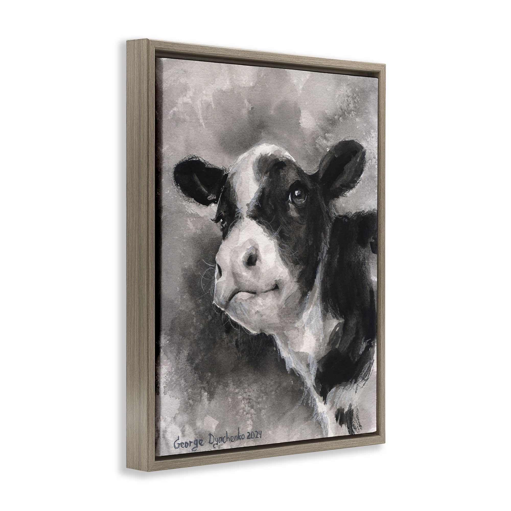 Stupell Industries Smiling Baby Calf Animals Drawing Brown Floater Framed Canvas Art Print Wall Art, 17 x 21