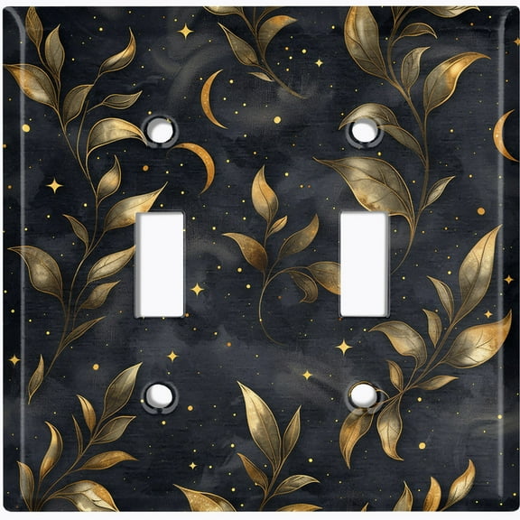 Metal Light Switch Wall Plate Outlet Cover (Midnight Sky with Gold Leaves - Double Toggle)