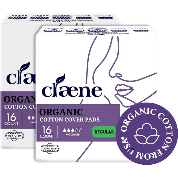 Claene Organic Cotton Cover Pads Natural Sanitary Napkins with Wings 2Pack