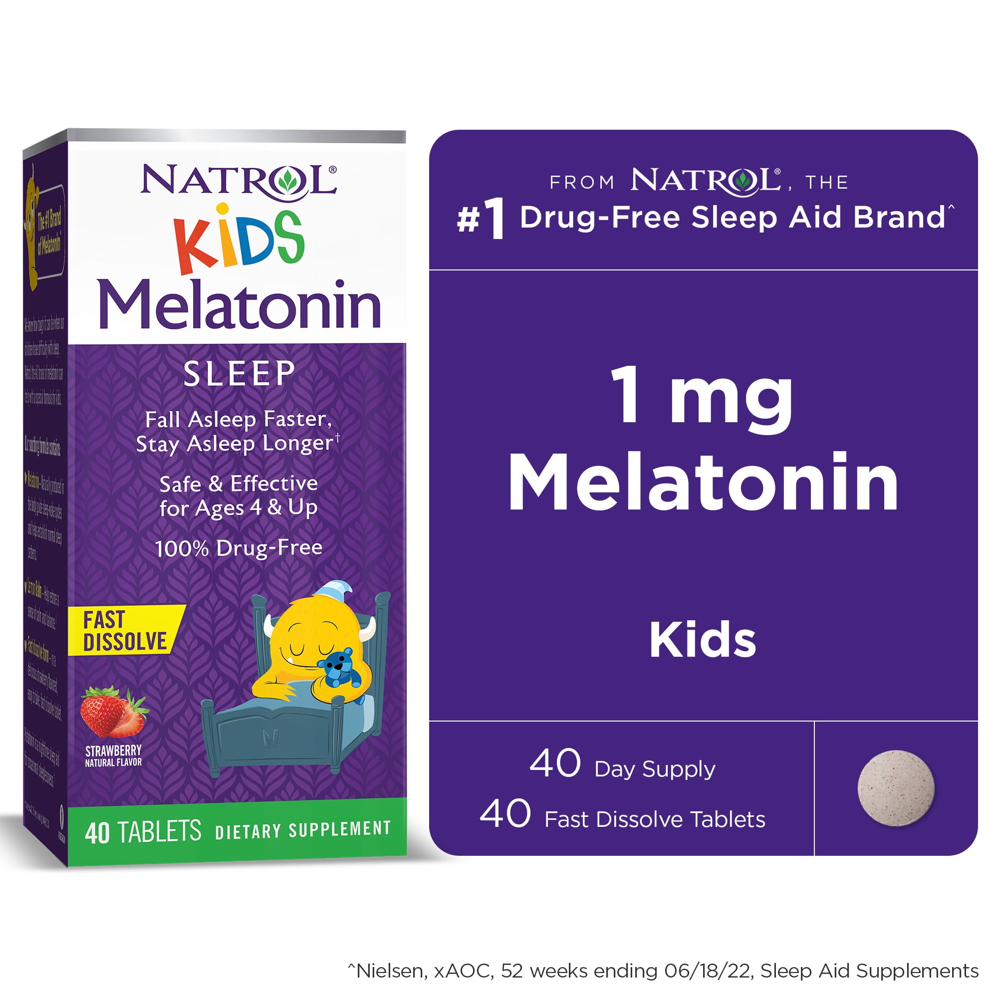 Natrol Kids Melatonin 1mg, Sleep Support, Strawberry Fast Dissolve Tablets, 40ct
