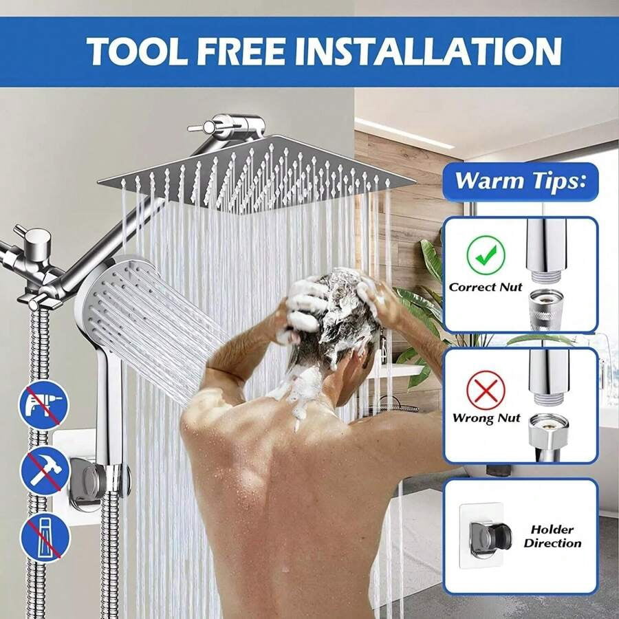 Shower Head Combo,8/10/12" Rain Square Shower Head  With 9 Inch Adjustable Extension Arm And 3 Settings Handheld Spray,150cm Long Hose
