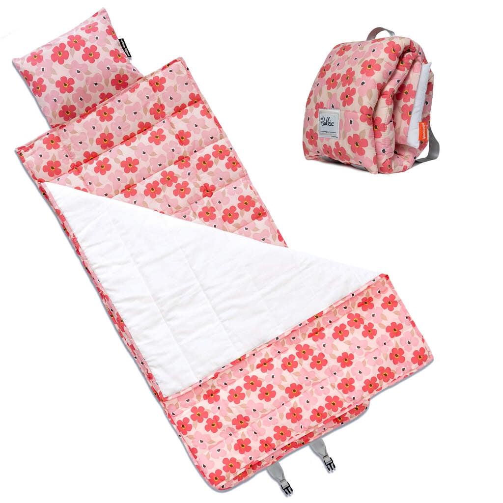Urban Infant Bulkie Kids Super Sleepover Nap Mat Home Hangout - Toddler Preschool and Daycare - Washable Blanket and Pillow - Converts to Backpack for Travel - Poppies