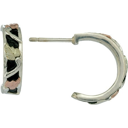 Black Hills Gold Sterling Silver 12kt Gold Leaf Accented Antiqued Demi-Hoop Earrings