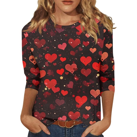 Hearthz S-5XL 3/4 Sleeve Womens Valentines Day Shirts Crewneck Funny Love Heart Graphic Womens 3/4 Sleeve Shirts